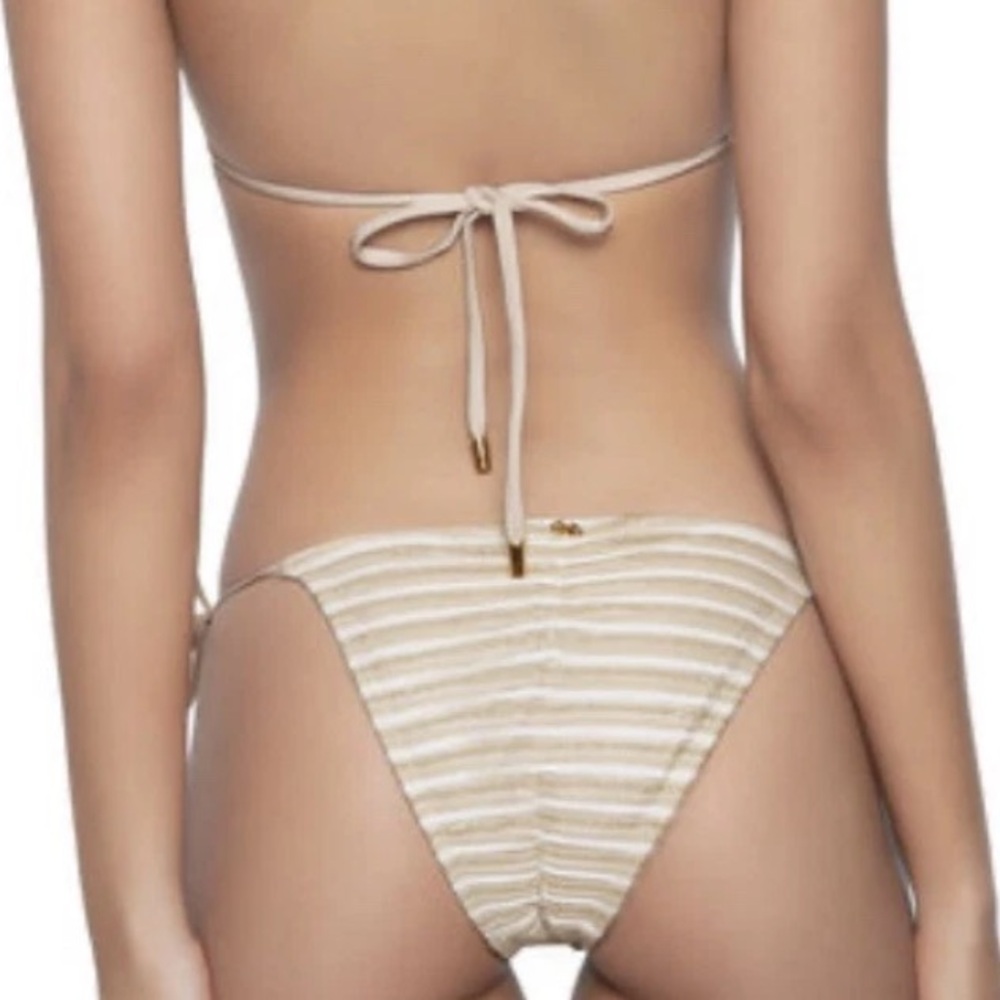 NWT PQ Pilyq Bikini Swim Bottom Large New Earth Beige Tie Teeny Ruched Ribbed